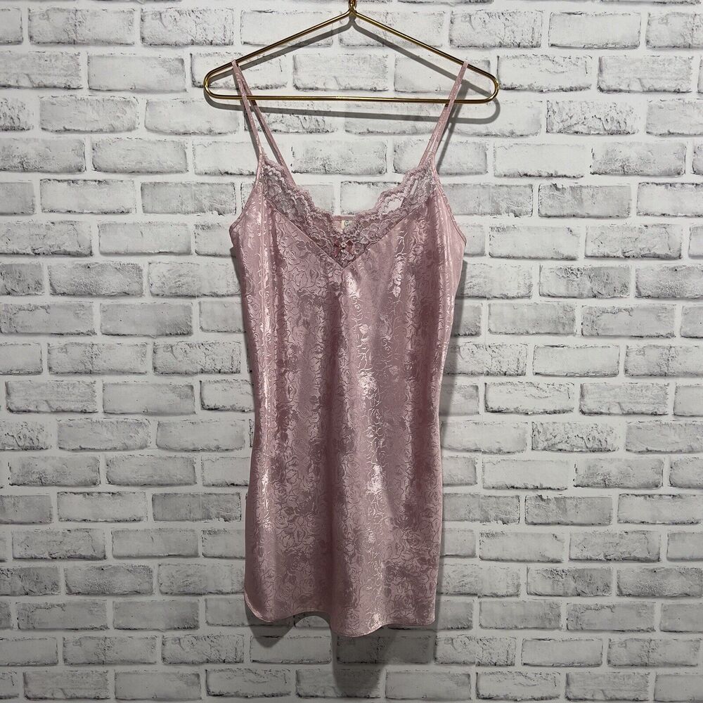 Vintage Pink Nightgown Small Chemise California Miss Lace Print Bow Faux Pearls